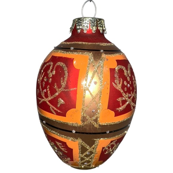 Vtg Glass Hand Painted Egg Shaped Christmas Ornament Red Gold Glitter‎ Abstract - Picture 4 of 7